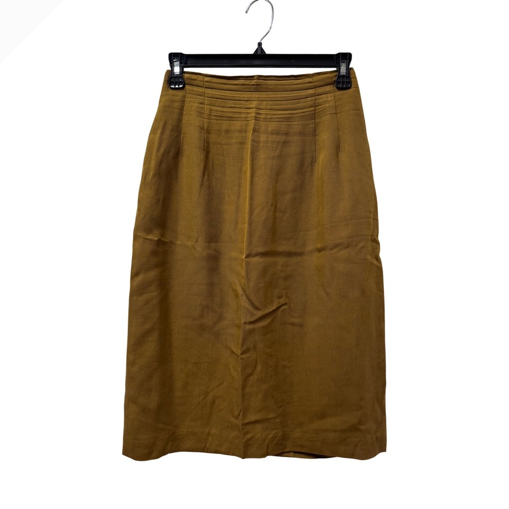 Linda Allard Ellen Tracy Mustard Yellow 100% Silk Pleated Waist Pencil Skirt 4